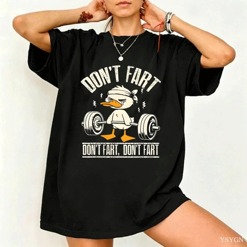 Women Weightlifting Duck Graphic Tshirt Gym Cartoon Slogan Print Short Sleeve Casual Ladies Loose Workout Streetwear Tee