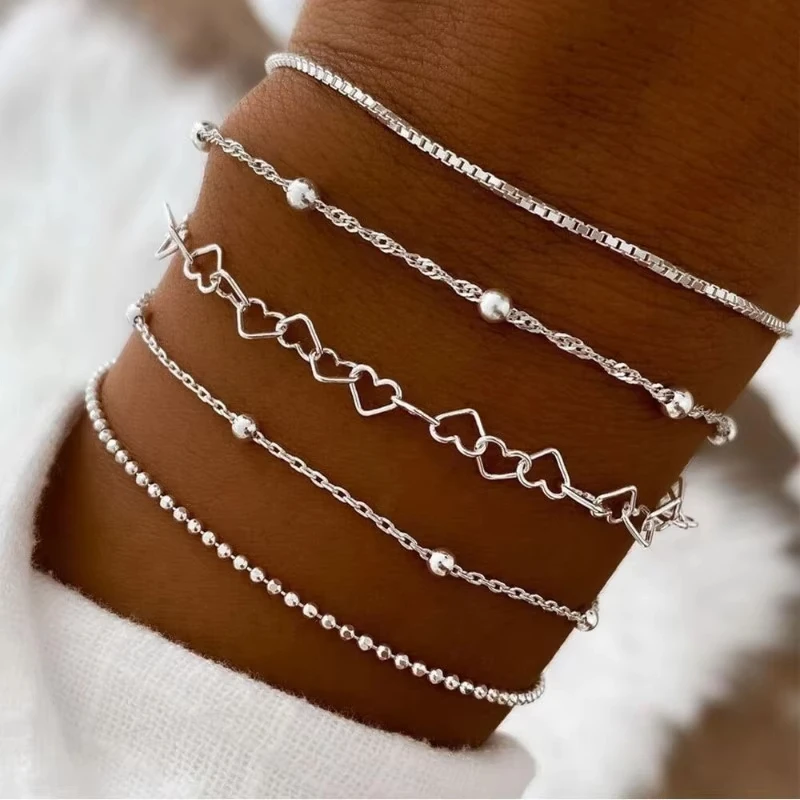 Conjunto de 5 uds de pulseras de cuentas de cadena de Color plateado para mujer, joyería informal sencilla y elegante para vacaciones en la playa, uso diario versátil