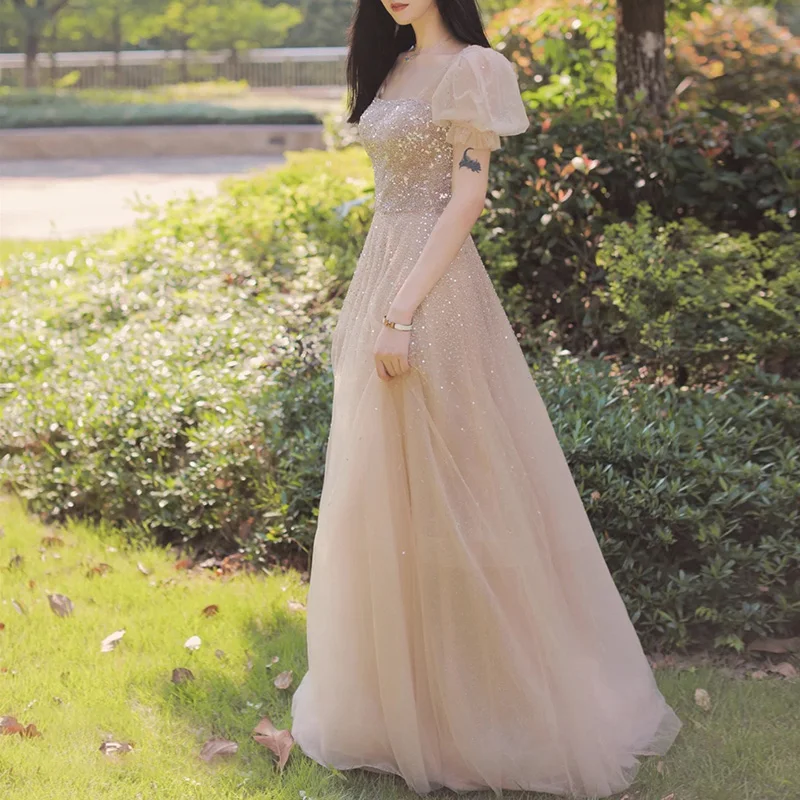 Champagne Color Maids Dr Ele High Waist Ball Gown Long Skirt Slimming ort Sve Bridesmaid Gown for Summer Wedding