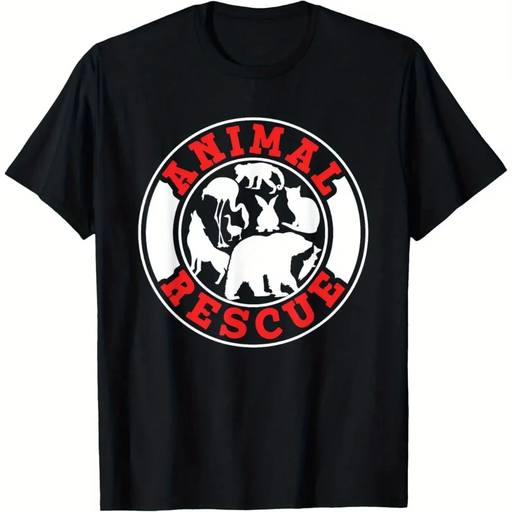 Animal Rescue Series T-Shirt Black with Red and White Design Lightweight and Breathable Round-Neck Short-Sleeve