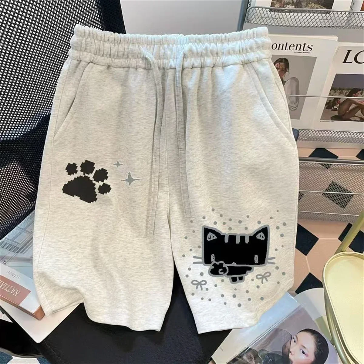 Women Summer Casual Shorts High Waist Black Y2k Kawaii Sweet Cat Print Wide Leg Pants Chic Japanese Pantalones Cortos De Mujer