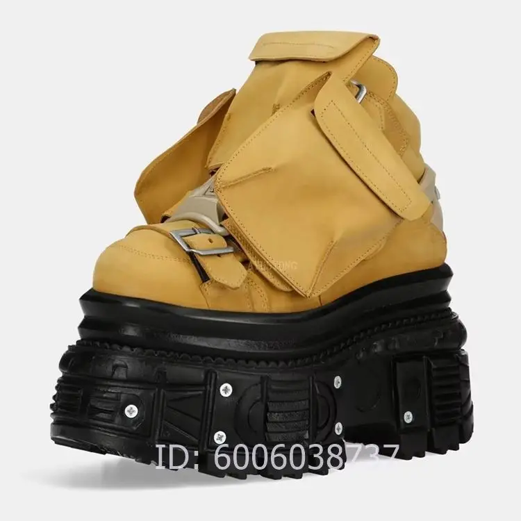 Women Yellow Nubuck Platform Ankle Boots Multi Buckle Strap Design Chunky Thick Sole Gothic Punk Streetwear Fashion Booties