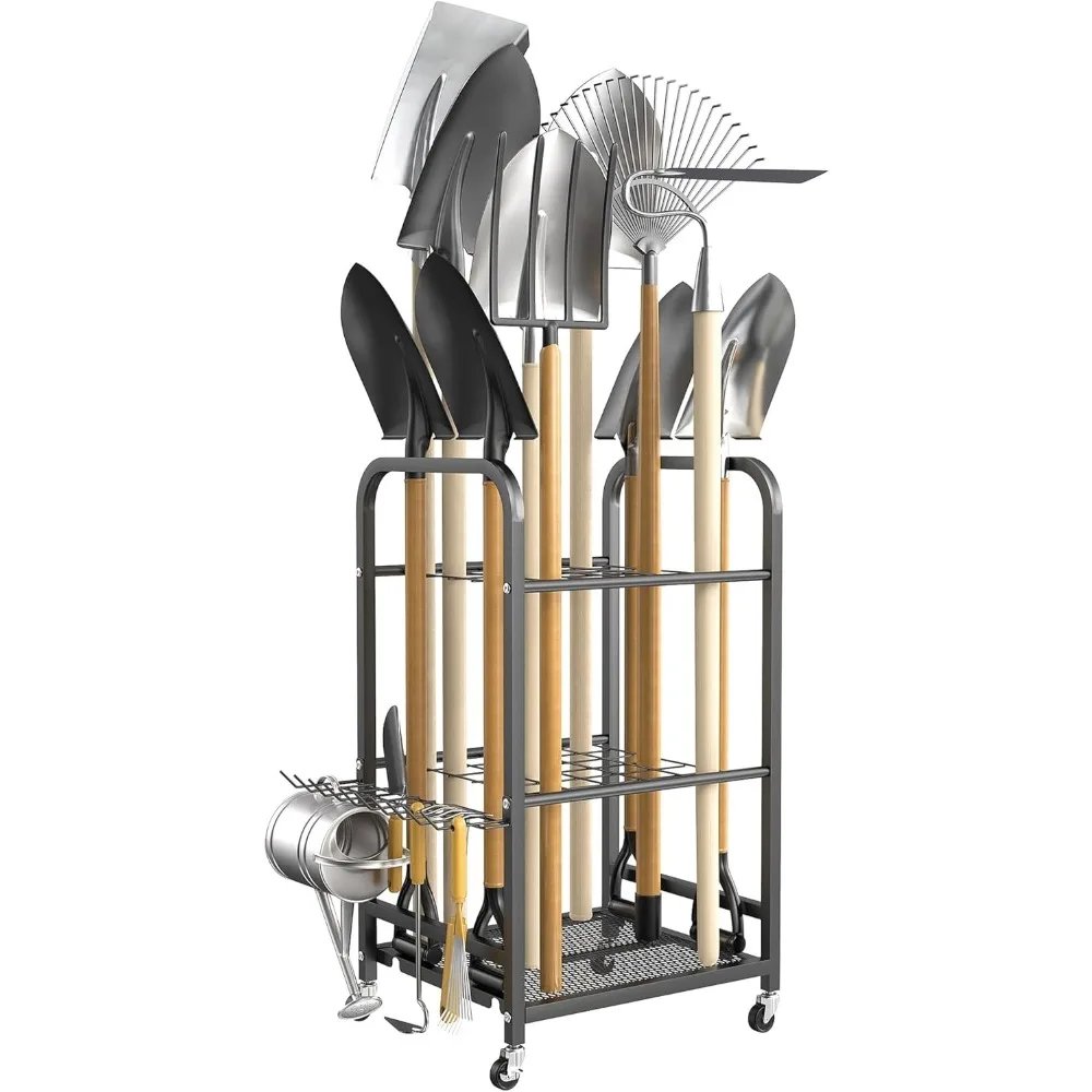 

Подставка-органайзер для садовых инструментов с колесами, грабли, лопаты, подставка для инструментов для двора для гаража, сарая, сада, внутренняя/наружная футболка с длинной ручкой