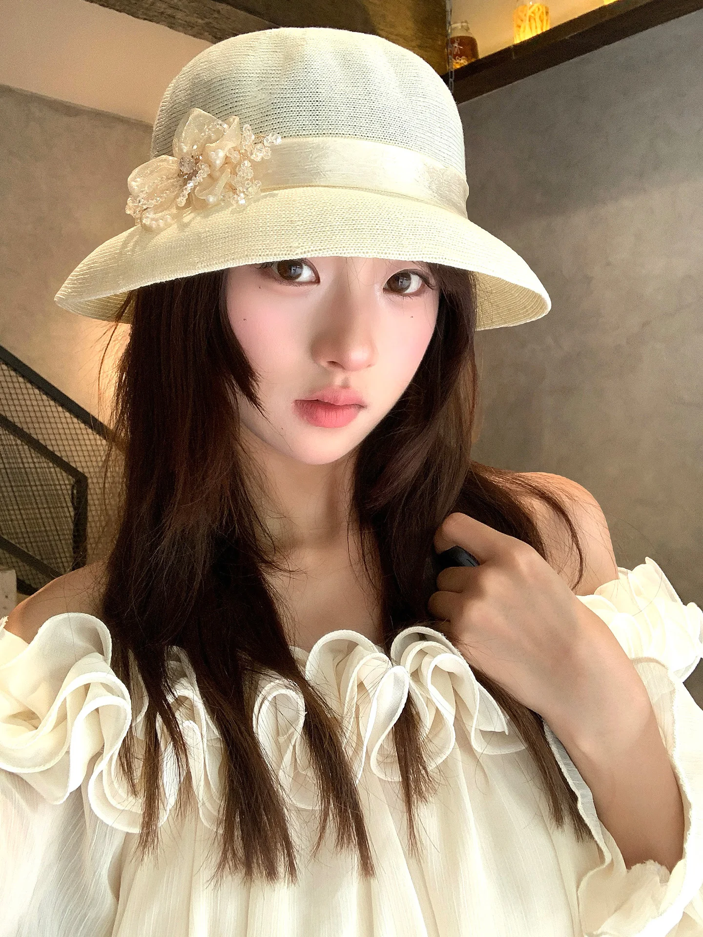 Elegant Floral Netting Fisherman Hat Women's Spring Summer Thin Style Vintage Adjustable Wide Brim Hat Face Slimming Versatile