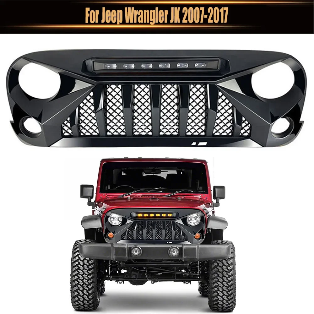 

For Jeep Wrangler JK 2007-2017 God Of War Gloss Black Amber Spotlight Style Front Bumper Grille Racing Grill Inlet Guard Grid