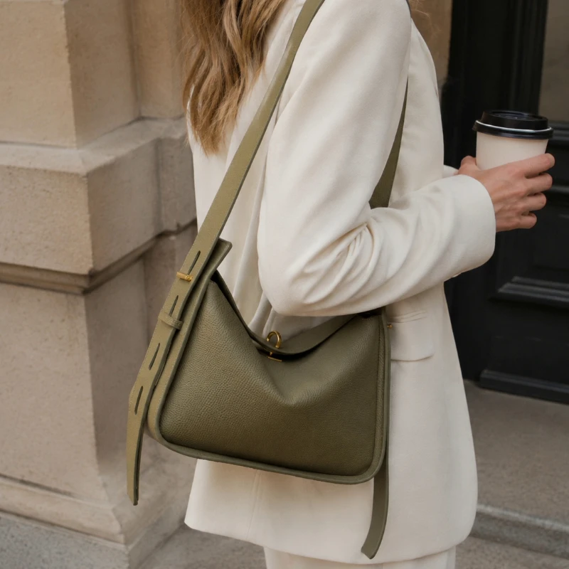 

Women's Genuine Leather Hobo Crossbody Bag Flap Shoulder Bag with Wide Strap for Work Daily Use