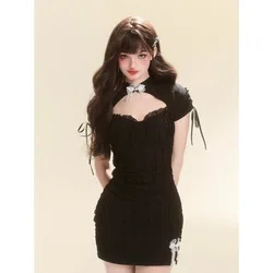 2000s Vintage Black Y2k Mini Dress Spicy Girls Sexy Slim Bodycon Dress Sweet Kawaii Fashion Short Party Dress Woman Harajuku