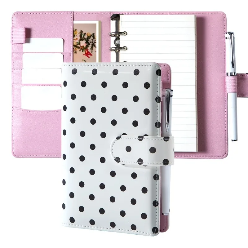 A6  Retro White Polka Dots With 45 Sheets Inner Page DIY PU Clip-on Notebook Loose Leaf Notebook
