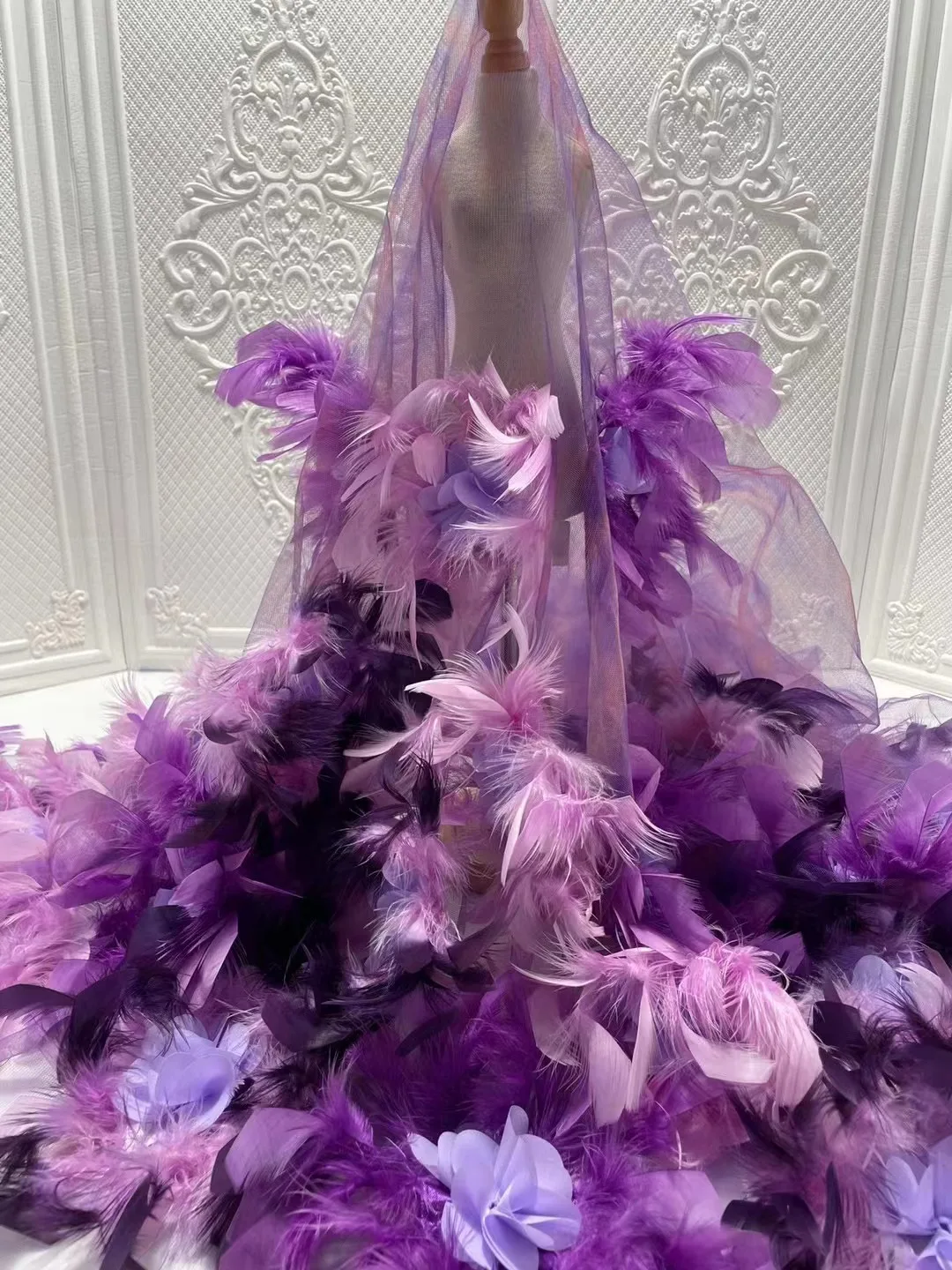 

2022 Latest Handmade feather 3D flowers embroidery fabric French mesh tulle Nigerian lace fabric for Party dresses wedding