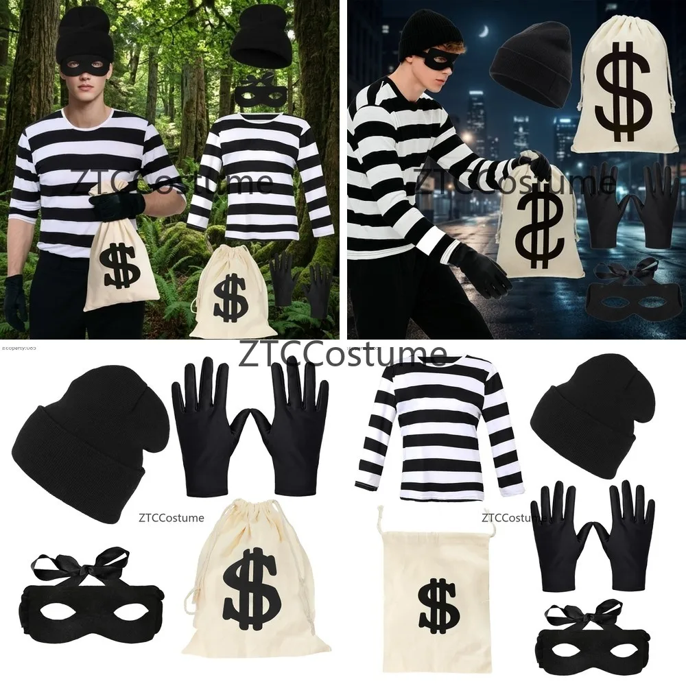 

Cosplay Burglar Set Canvas Money Bag Knitted Hat Gloves Eye Mask Halloween Costume Party Props Accessory Kit