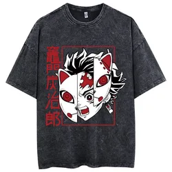 Demon Slayer T-shirt Oversized Acid Washed Tee Print Retro Vintage Punk & Gothic Unisex Adults' Hot Stamping 100% Cotton