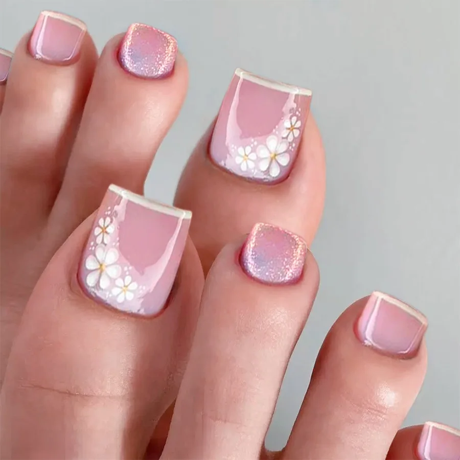 

24pcs Short Square Fake Toenails Summer White French False Nail Tips Simple Flower Design Press on Nails Shiny Powder Manicure