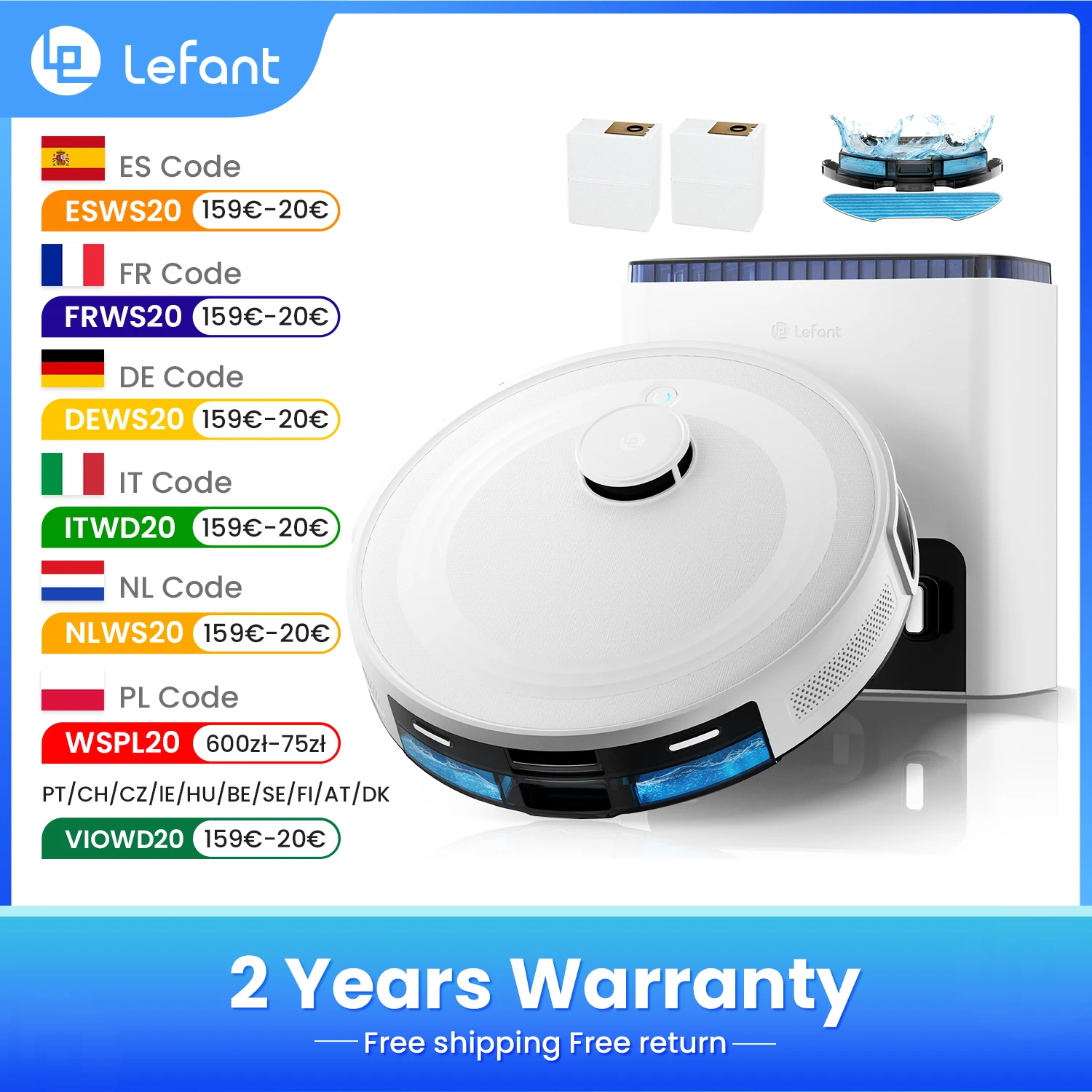 Lefant M2L PLUS Robot Aspirapolvere Mop Combinazione, Chiusura automatica della polvere, Potenza di aspirazione 6000 Pa, DTOF Laser Avant