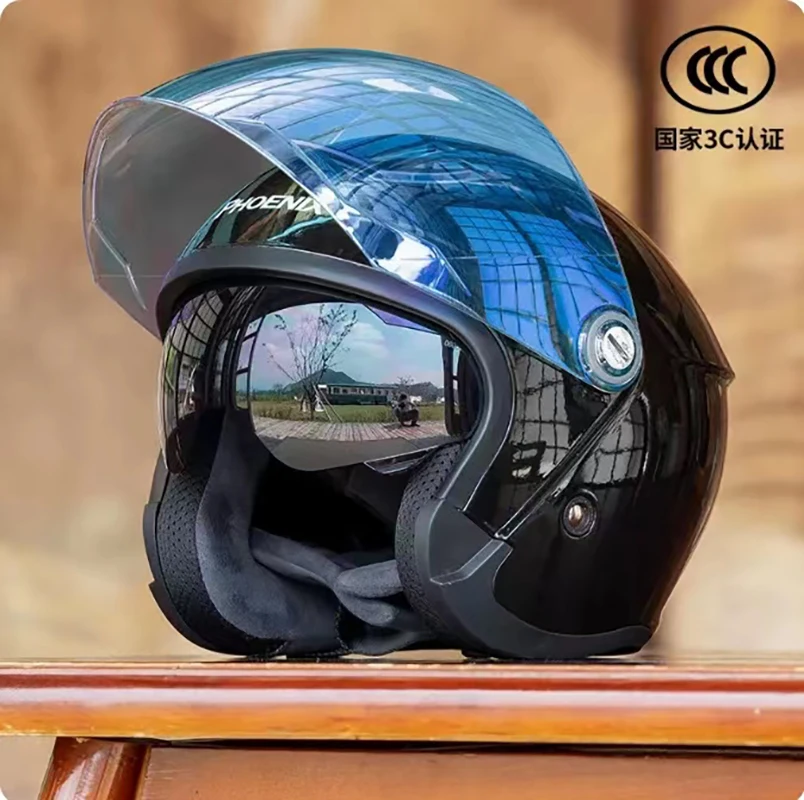 

Cute Motorcycle Helmet for Man and Woman Integrated HD Double Visor Open Face Helmets Warming Removable Liner Safety Cap 55-60CM