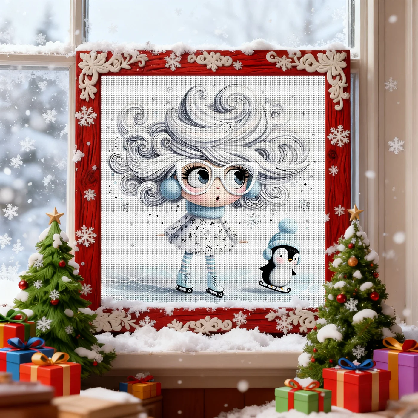 1PC 46X46cm/18.11X18.11inch,11CT print cross stitch DIY kit,Winter Girl&Penguin,adult beginner's relaxed cross stitch stitch set