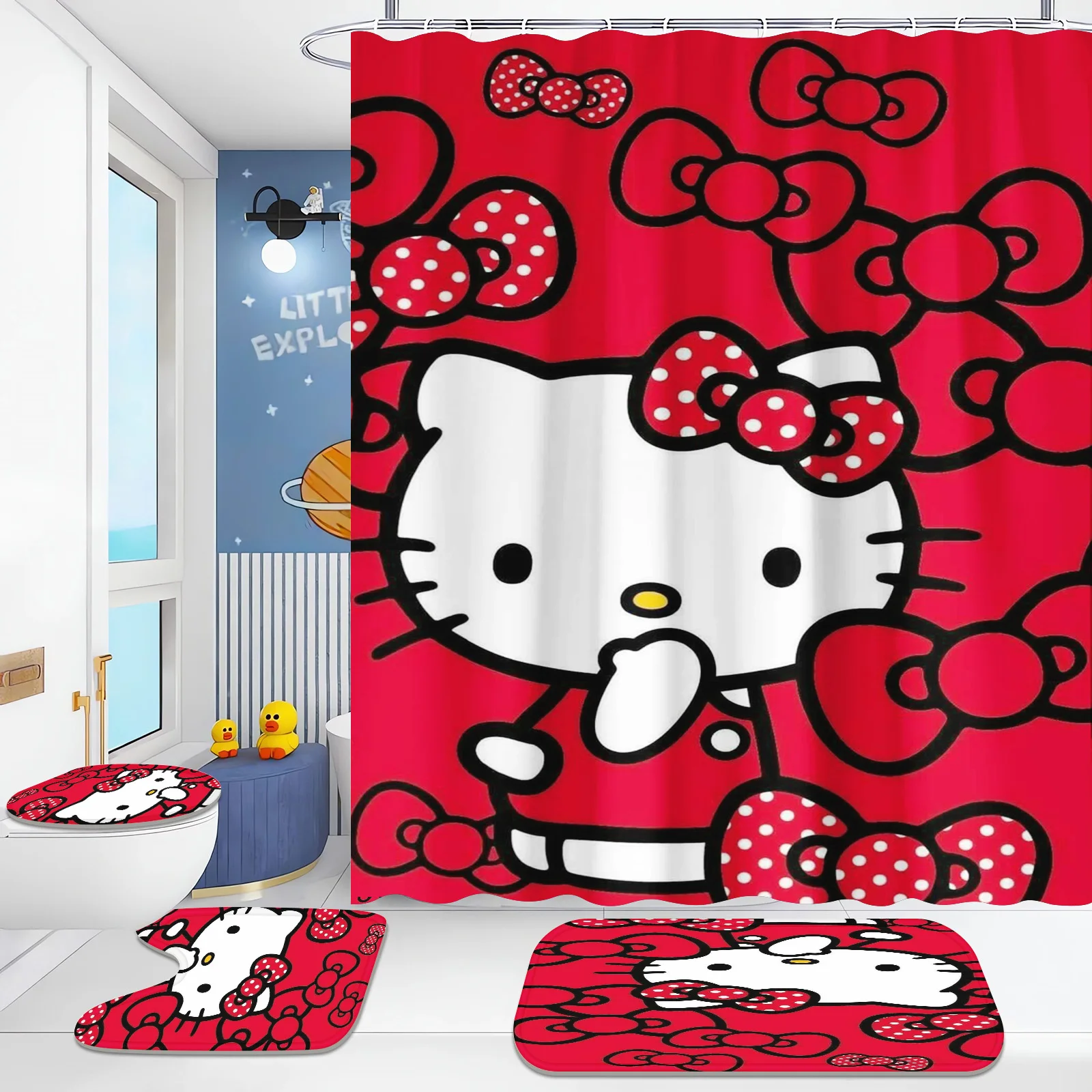 

Занавеска для душа Hello Kitty в стиле аниме, комплект из 4 шт., коврики и водонепроницаемые аксессуары, наборы, роскошные шторы для дома