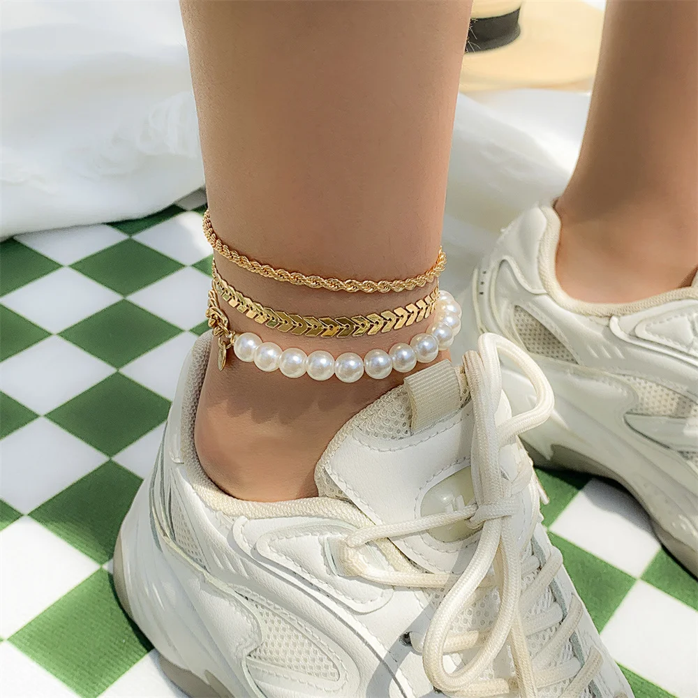 Fashion Gold Plated Arrow Chain Artificial Pearl Anklet For Women Vintage Boho Punk Geometric Twist Chains Jewelry Gift