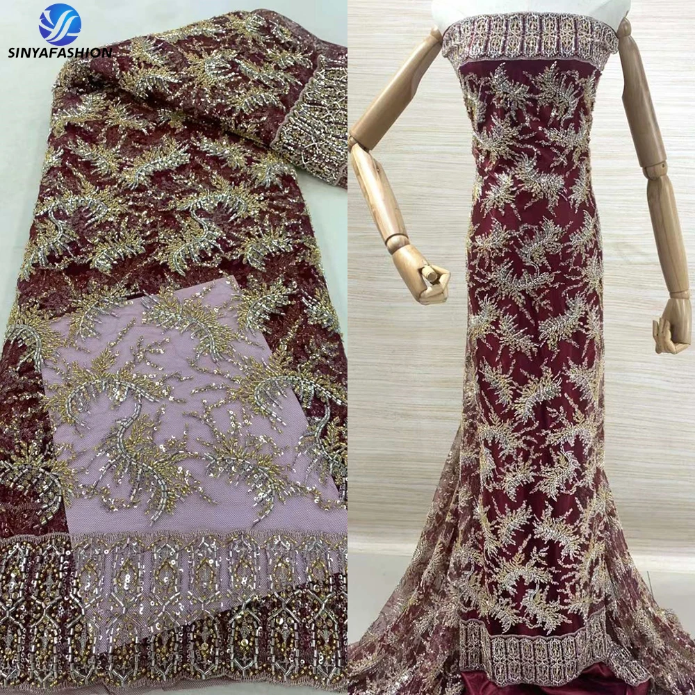 Sinya African Lace Fabric 2024 High Quality French Luxury Beads Lace Nigerian Sequins Tulle Lace Fabric For Wedding Party Dress