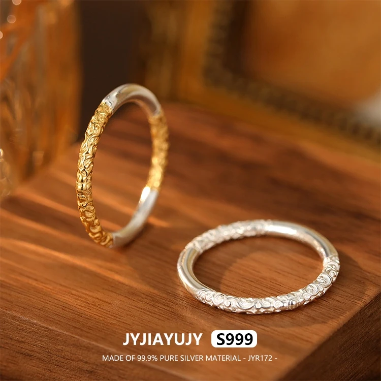 

JYJIAYUJY 100% Whole Original Pure Silver S999 Non Adjustable Ring Ancient Method Scroll Grass Pattern Jewelry Gift Daily JYR172