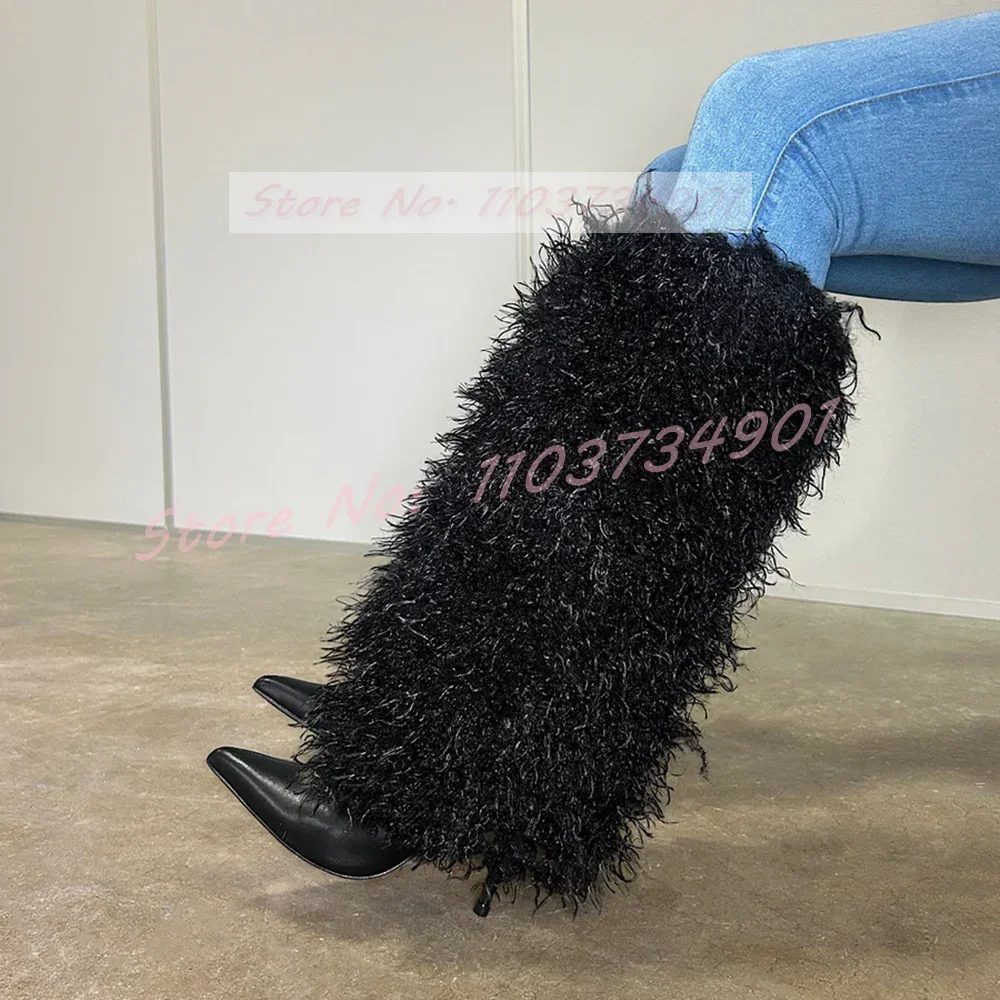Fluffy Wool Long Boots Women Evening Sexy Fur Warm Pointy Toe High Heels Shoes Ladies Nifty Party Fashion New Winter Furry Boots