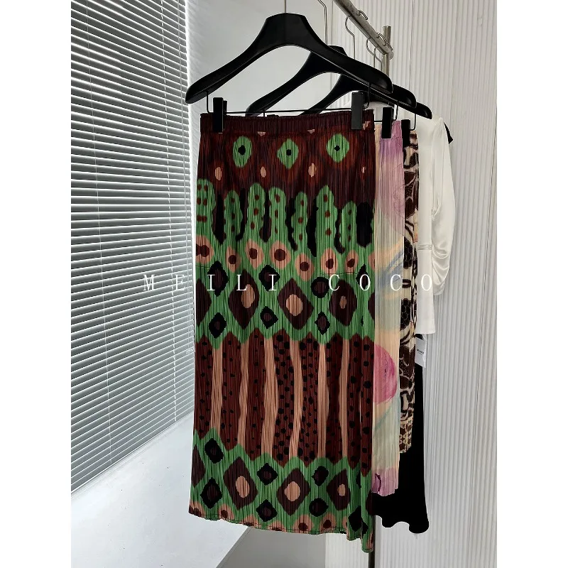 

Miyake Pleated Personality Print Skirt 2026 Summer Heavy Print High-end Vintage Pleats Jupe High Waist Mid-length Skirt Women
