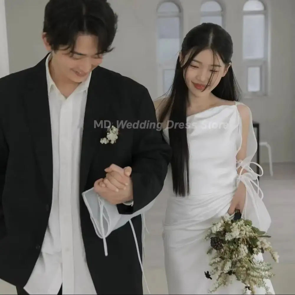 

MD Simple White A Line Wedding Dresses One Shoulder Long Sleeves Cut Out Party Dress Photo Shoot Customised Korea Bridal Gown