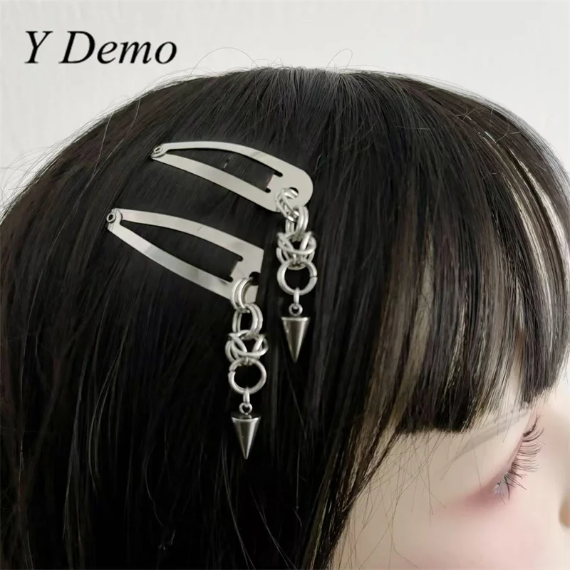 

Y Demo 1 Pair Punk Circles Futuristic Silver Chain Drops Hairclip Women Cyber Rock Hairpins Y2k Hair Accessory