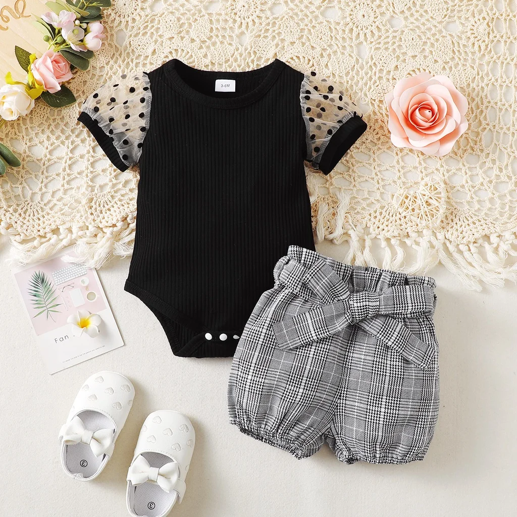 Newborn Baby Girl 2PCS Clothes Set Short Sleeve Bodysuit+Plaid Shorts Fashion British Style Clothes Outfit for Infant 0-18M