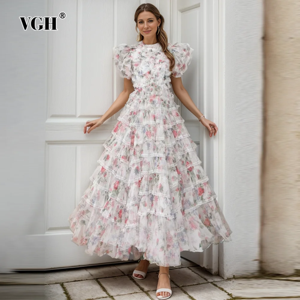 

VGH Hit Color Printing Elegant Mesh Dress For Women Stand Collar Flying Sleeve High Waist Temperament Long Dresses Female New