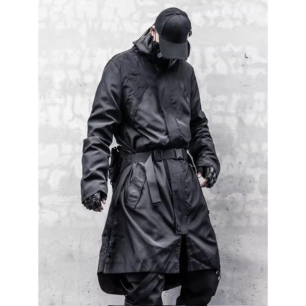 Men Tactical Trench Jacket 2024 Autumn Black Long Coats Windbreaker Mens Loose Punk Functional Long Jackets Techwear