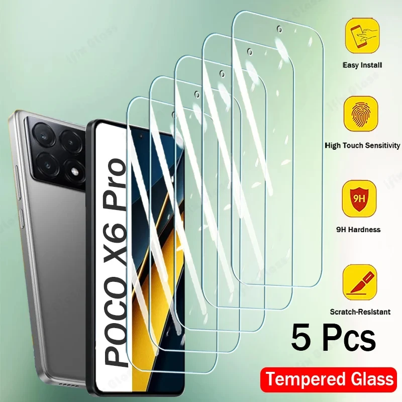 5Pcs Tempered Glass For Xiaomi POCO X6 F5 X5 M6 C65 Pro Screen Protector For POCO X6Pro F5Pro X5Pro X6 F5 Pro Cover Glass Film