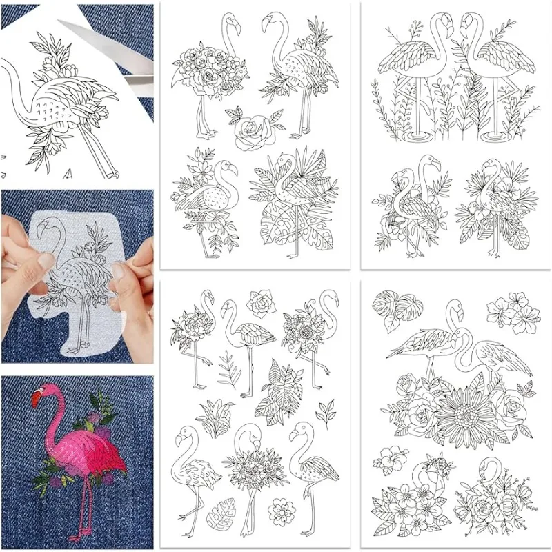 

4 Sheets 27Pcs Flamingo Water Soluble Stabilizerand Stitch Self Adhesive Wash Away Stabilizer for Bags Cloth Embroidery Hand
