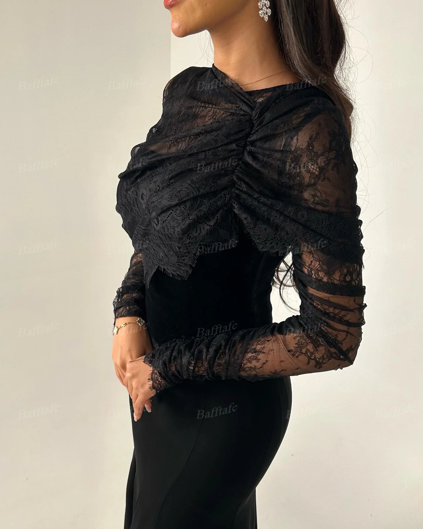 Bafftafe Black Mermaid Evening Dresses Lace Long Sleeve Women Formal Prom Dress Customized Floor Length Bodycon Party Dress