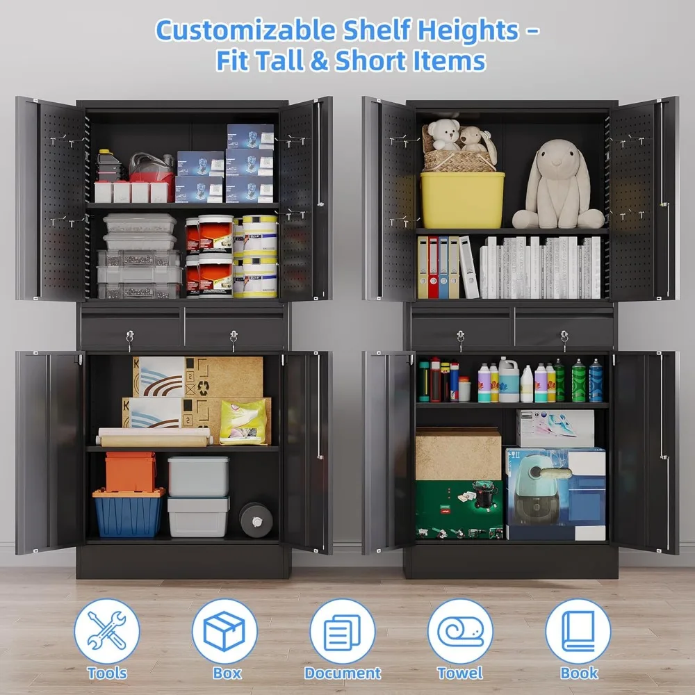 Estantes ajustables Gabinete de almacenamiento de garaje de metal con puertas cerraduras y gabinete de almacenamiento de herramientas rodante en 4 ruedas con 2 cajones