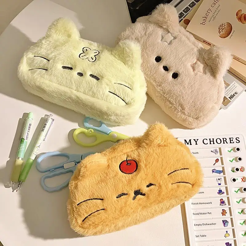 Lustiges Katzen-Cartoon-Mäppchen, süße, geräumige, flauschige Kawaii-Aufbewahrungstasche für Schreibwaren – Detail 4