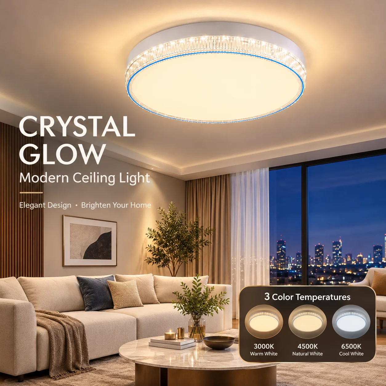 Modern Crystal LED Ceiling Light 24W 36W 48W 3 Color Temperature 3000K 4500K 6500K  Flush Mount Ceiling Lamp for Bedroom Living