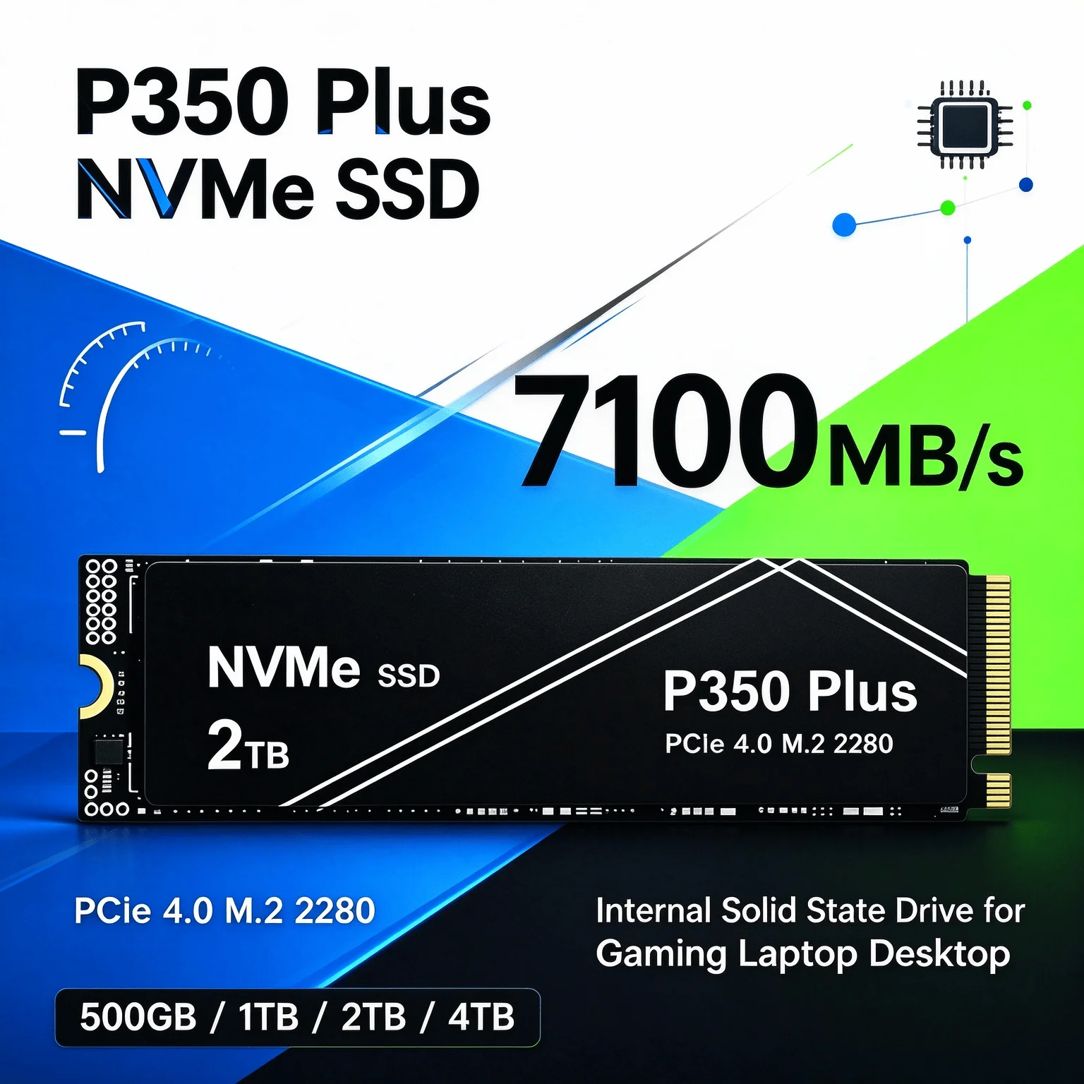 2TB 4TB Internal Drive for Laptop Desktop PCIe 4.0 M.2 2280 P350 Plus NVMe SSD 7100MB/s Shift Up to Gen4 2X Speed Boost