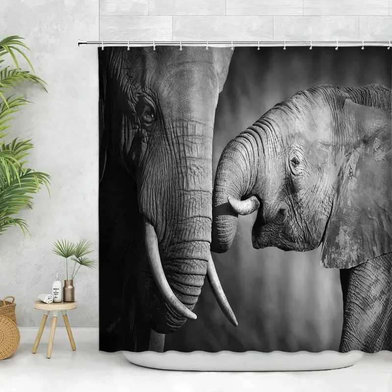 Elephants Shower Curtain African Wild Animal Elephants Close-Up Black Gray Polyester Cloth Print Bathroom Curtains Hooks Set