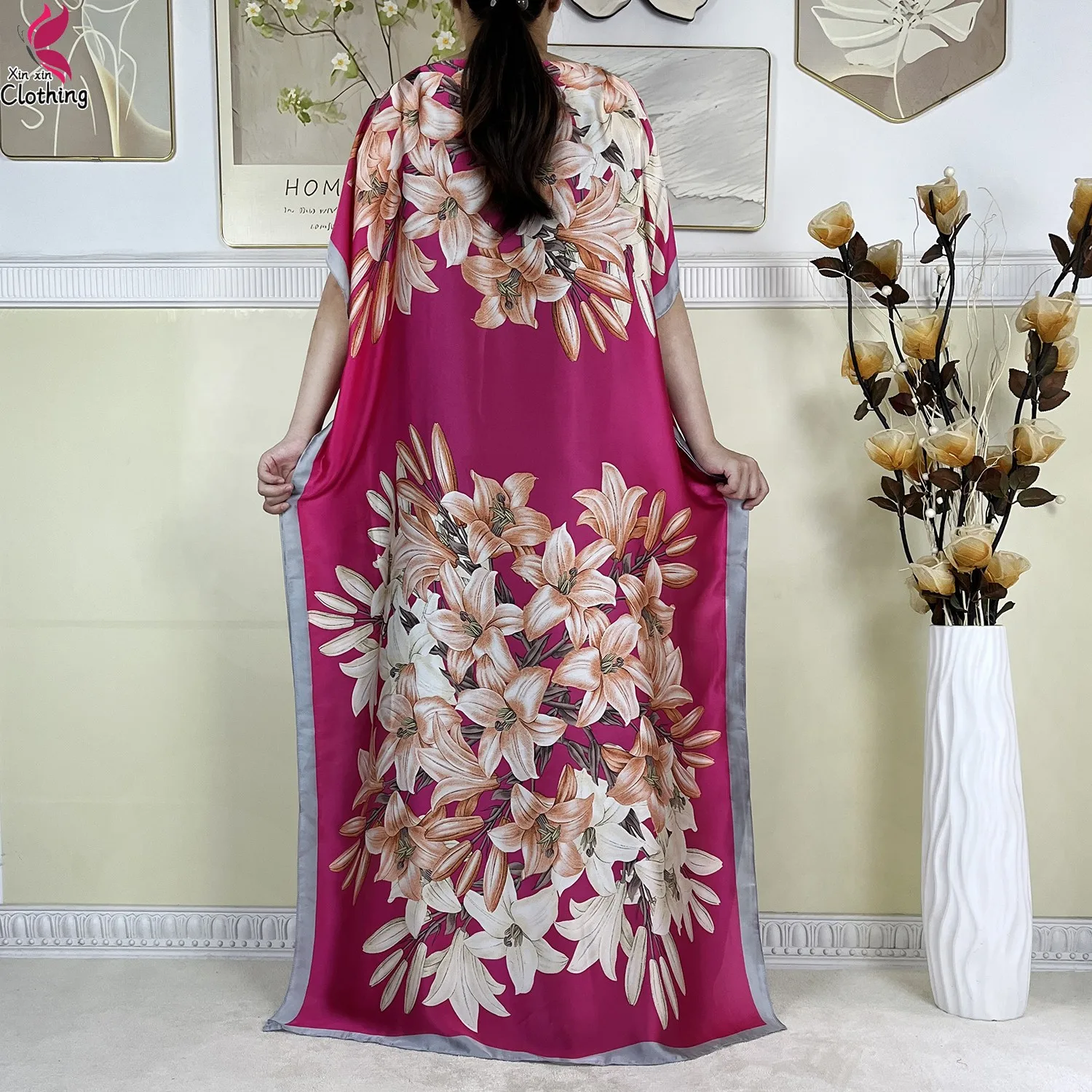 Nouvelle mode Robe d'été tissu en soie dubaï turquie caftan musulman ample Abaya femmes Dashiki africain décontracté imprimé fleuri Robe ample