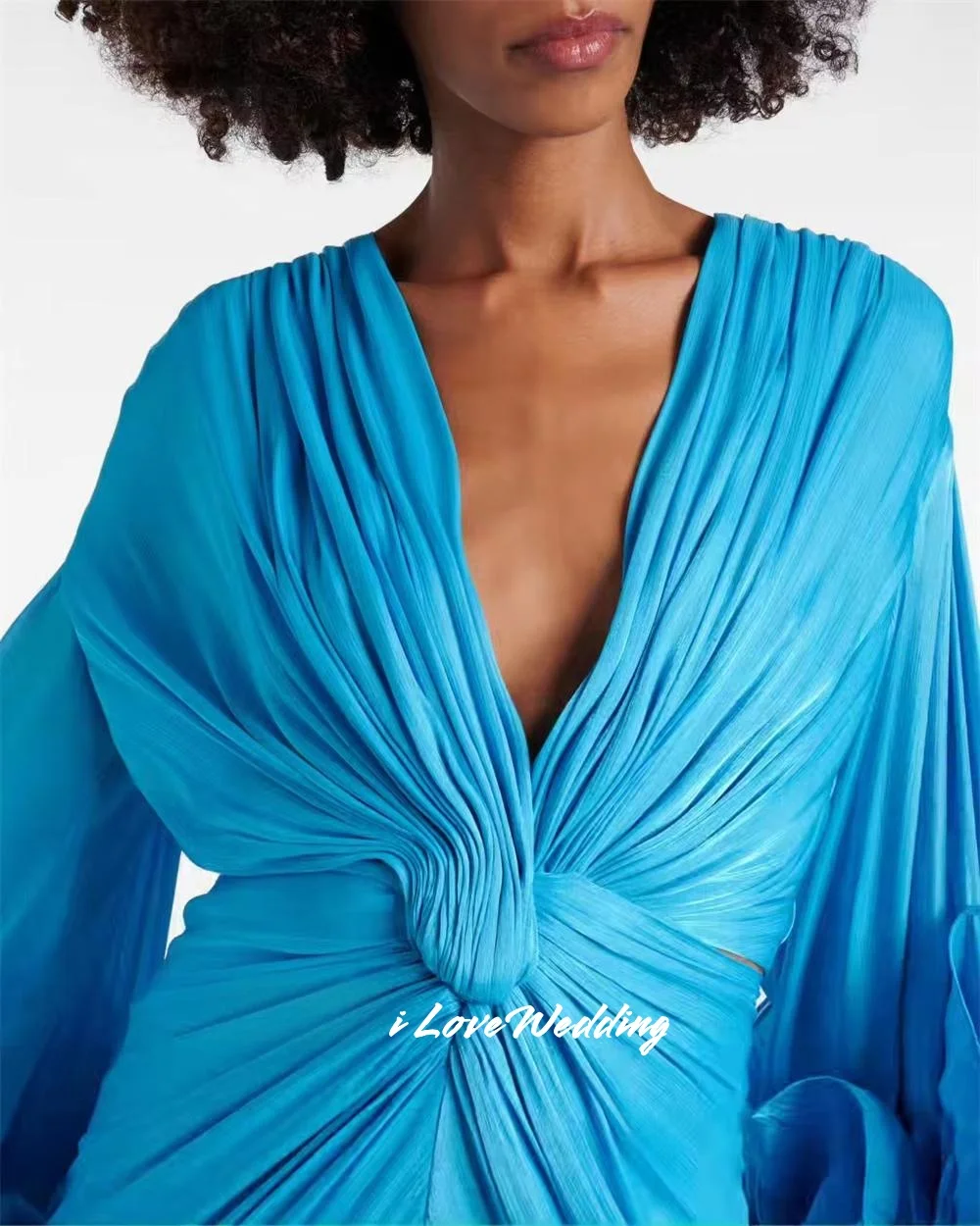 Abito da ballo blu con scollo a V 2025 Manica lunga A-Line Ruffles Abito da sera a sirena lungo fino al pavimento Abito da cerimonia nuziale pieghettato Personalizzato