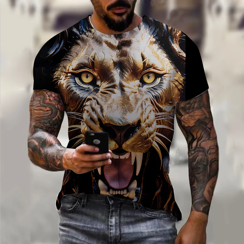 Men's T-shirt Fashion Dark Gold Totem Lion pattern 3d Printed T Shirt 2024 New Animal Short-sleeved Streetwear Summer Men's Tops image 4