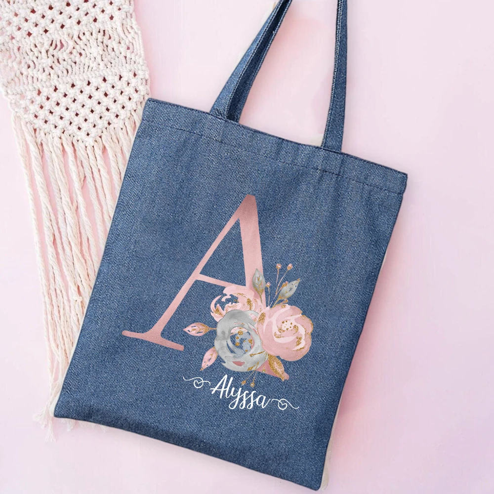 Personalized Denim Tote Bag Letter with Name Handbag Wedding Bachelorette Party Bridesmaid Bags Travel Shoulder Bag Gift for Her