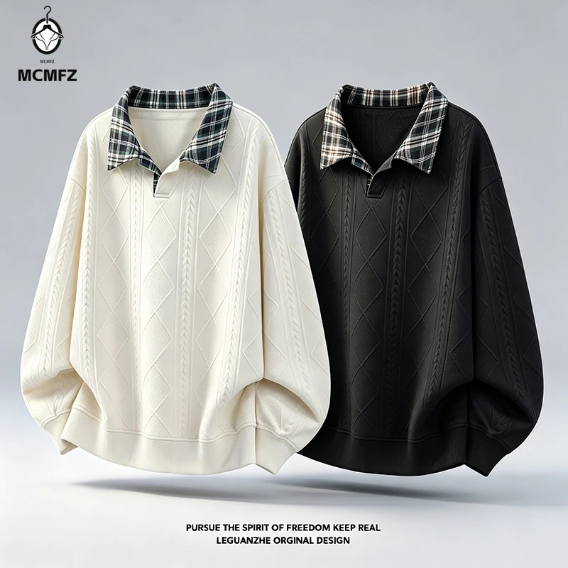 Polo en maille légère pour homme, col à carreaux, manches longues, texture géométrique torsadée, idéal pour les activités de rue.