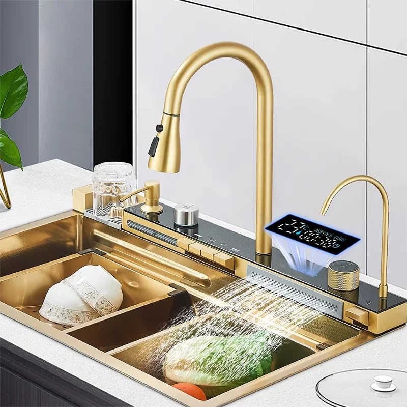 Luxury Intelligent Waterfall Style Piano Button Sink, Modern Handmade 304/201 Stainless Steel with Washing Cup Kitchen Sink