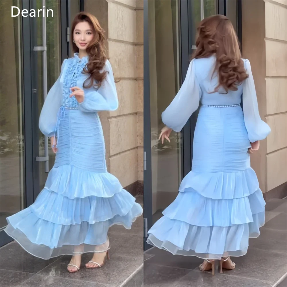 

Customized Evening Gown Dearin Scoop Neckline Trumpet Floor Length Skirts Shirred Draped Layered Tulle Applique Bespoke Occasion