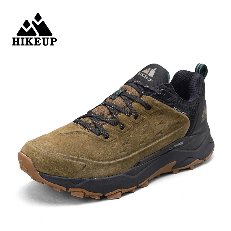 HIKEUP Rubber Outsole Cushioned Shoes for Men Antiskid Camping Hunting Walking Shoe Suede Genuine Leather Breathable Sneaker