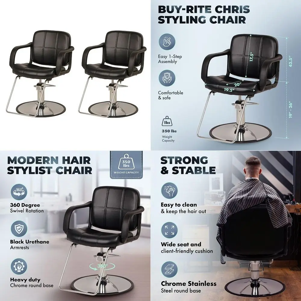 

Set of 2 Chris Styling Chairs, ExtraWide Seat, 360 Swivel, Adjustable Hydraulic Pump, HeavyDuty Chrome Base amp Steel Frame, Pr