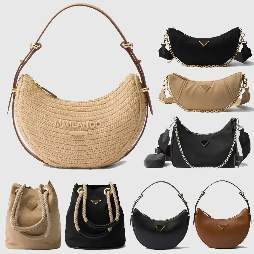 

Designer Straw Bag Luxury Apricot Underarm Bag Moon bag Shoulder Bag Woman Summer Wrossbody Handbags Travel Beach Bag AAAAA