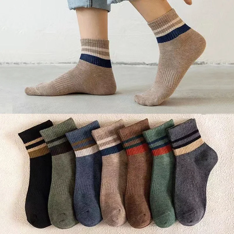 5 Pairs High Quality Men Autumn Winter Thermal Socks Cotton Fashion Thickened Casual Sweat Absorption Stripe Pure Color Socks