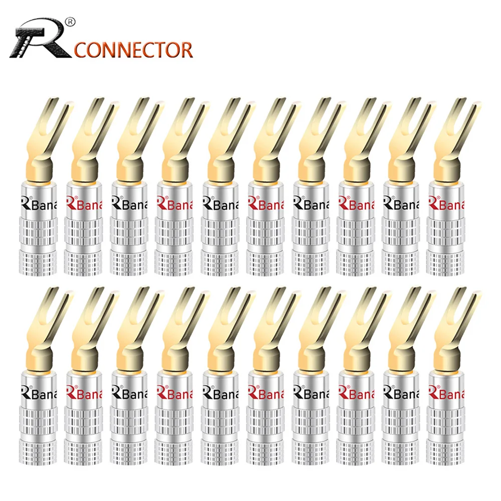 20pcs Y/U Type BANANA PLUGS Brass Speaker Plugs Audio Screw Fork Spade Connector Gold plated banana male connector